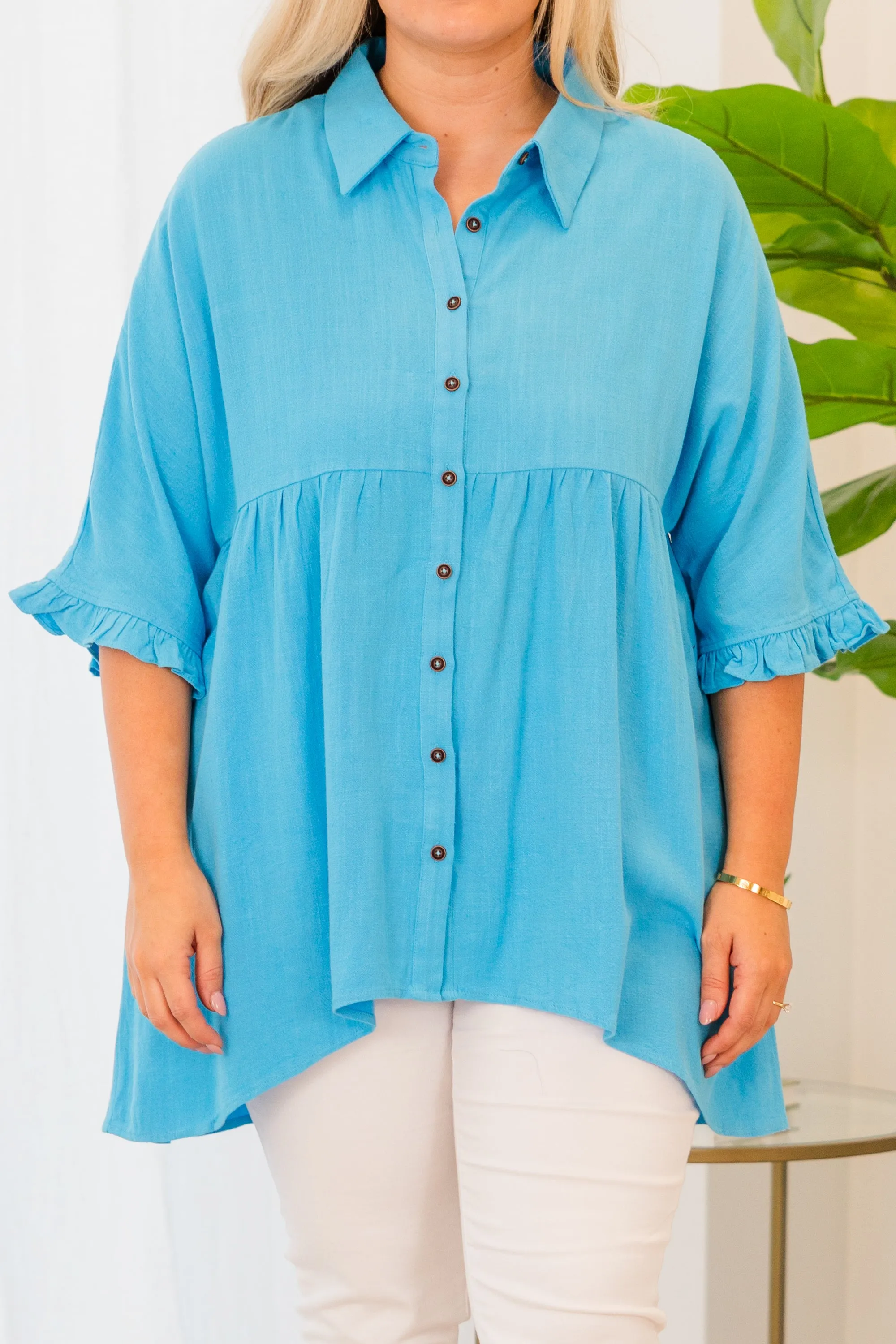 Riddle Me This Button Top, Blue