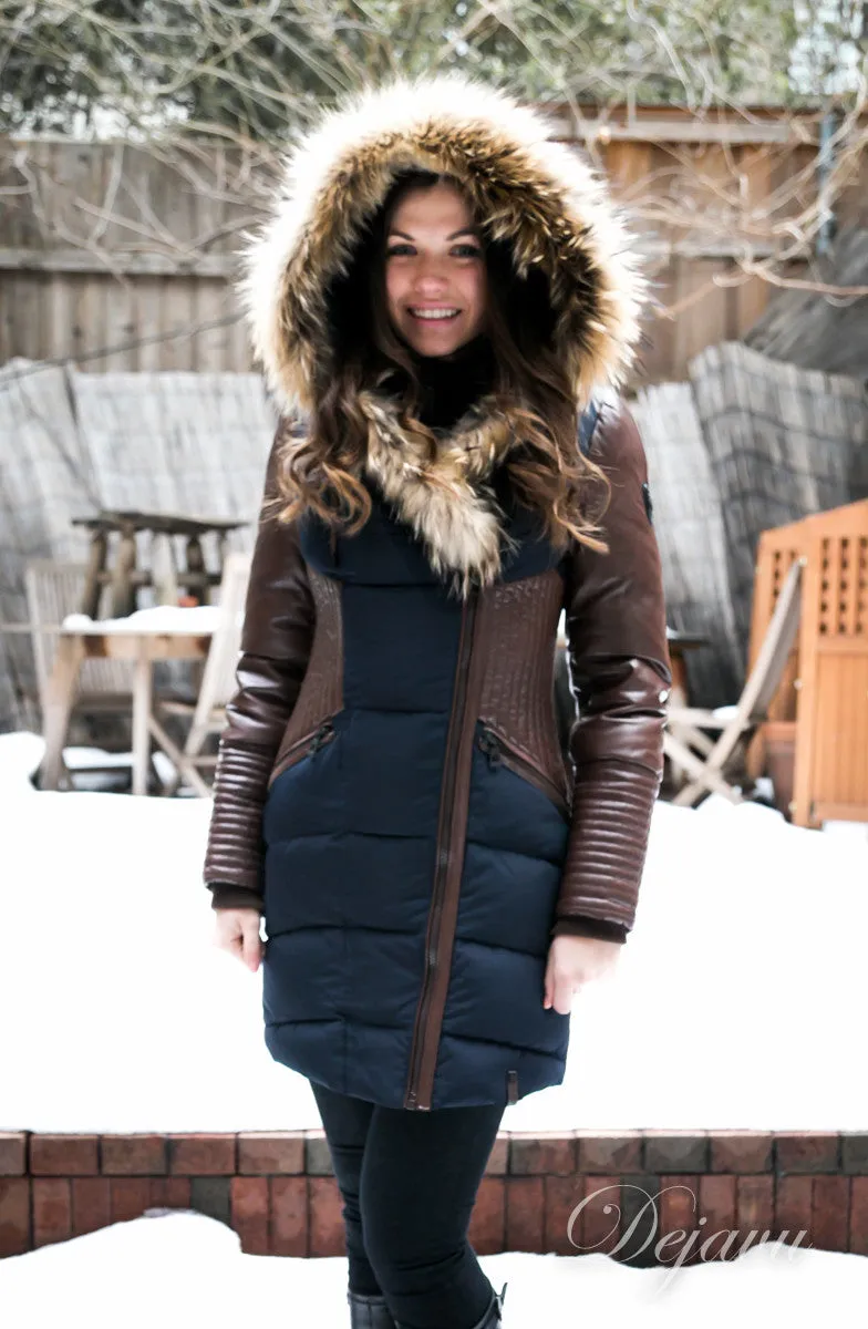 Shauna Leather Down Coat With Fur Trim