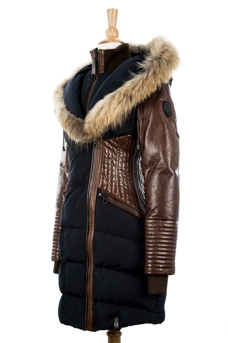 Shauna Leather Down Coat With Fur Trim