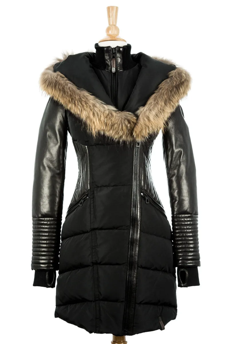 Shauna Leather Down Coat With Fur Trim