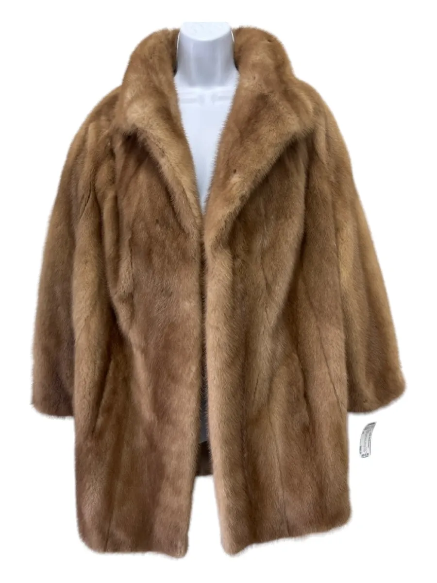 Size M/L Camel Brown Mink Fur Open Front Collar Long Sleeve Thigh Length Jacket