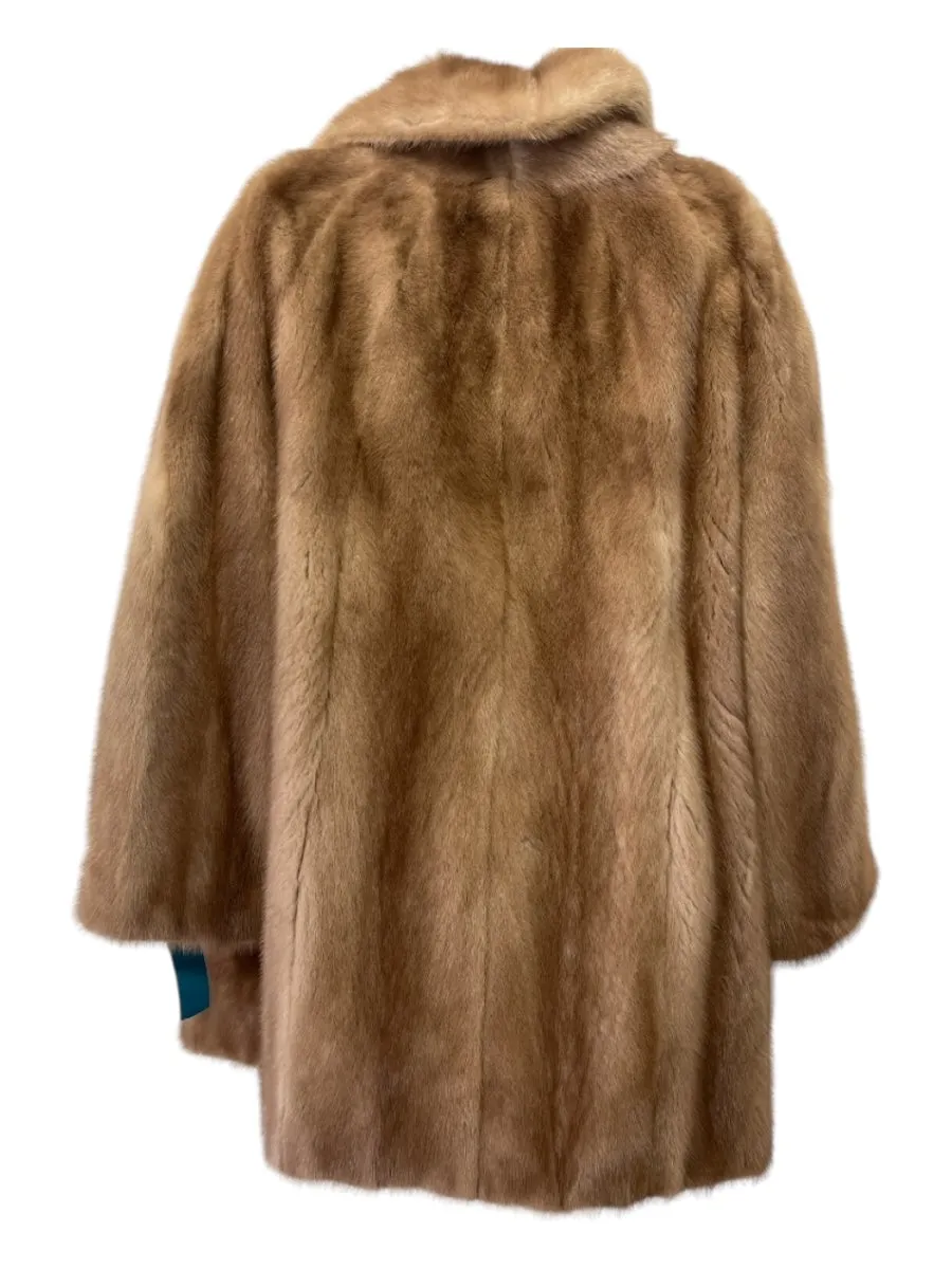 Size M/L Camel Brown Mink Fur Open Front Collar Long Sleeve Thigh Length Jacket