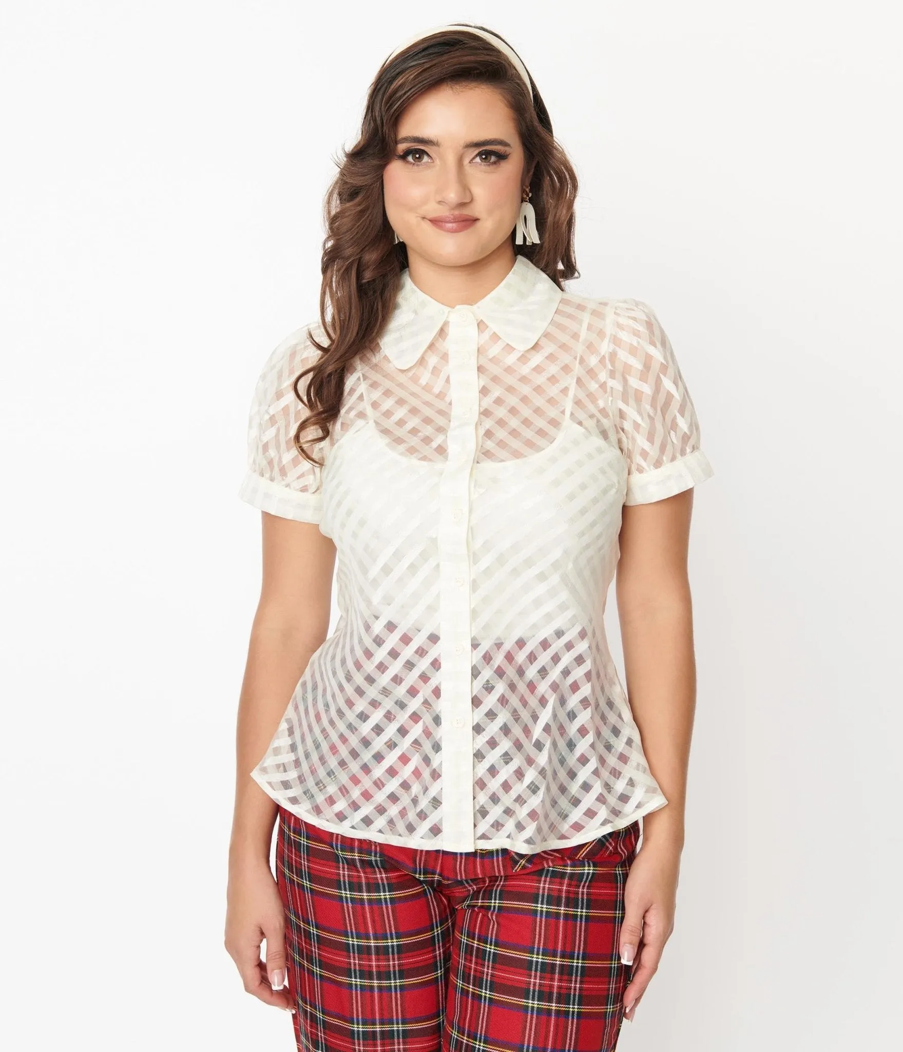 Smak Parlour Sheer Metallic Ivory Gingham Puff Sleeve Blouse