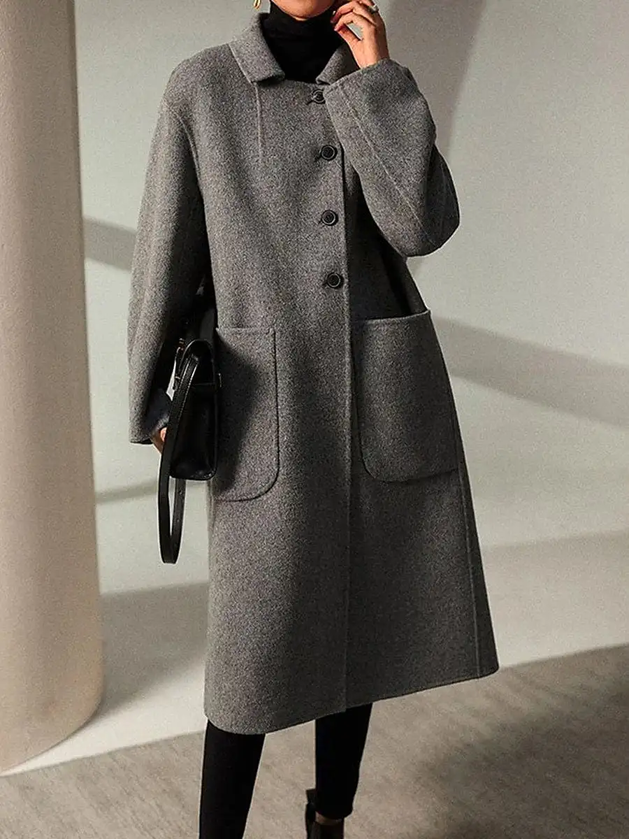 Stylish Women's Long Wool Blend Winter Pea Coat with Pockets