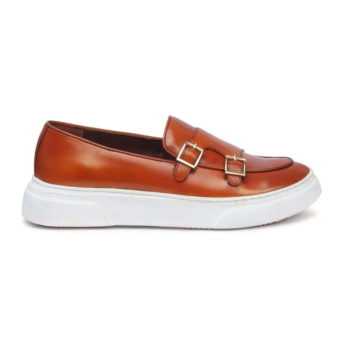 Tan Double Monk Apron Toe Leather Sneaker With White Sole By Brune & Bareskin