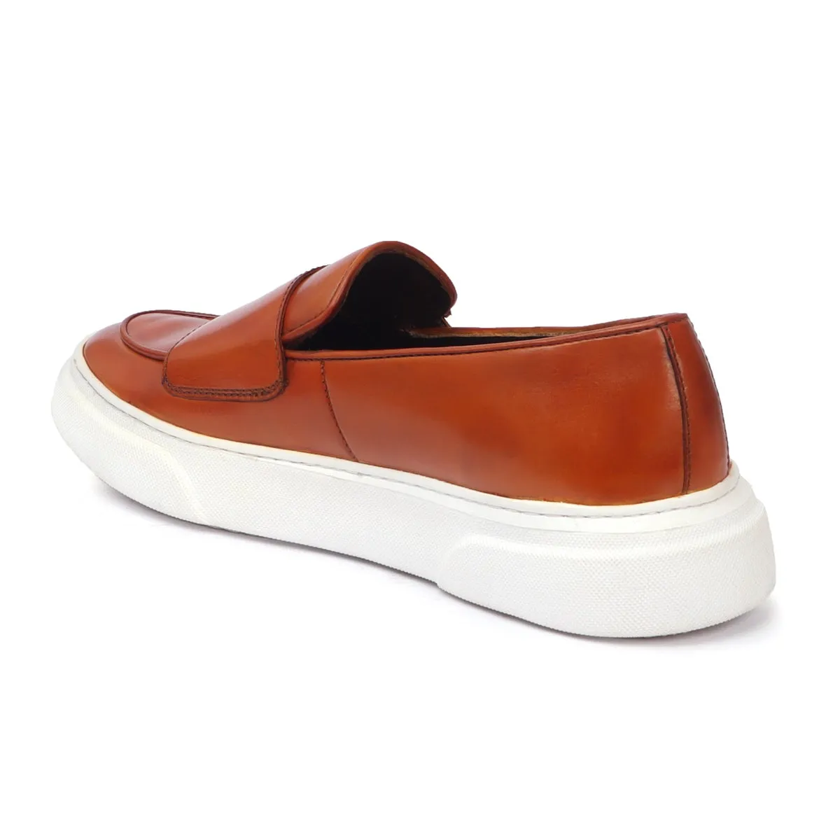 Tan Double Monk Apron Toe Leather Sneaker With White Sole By Brune & Bareskin