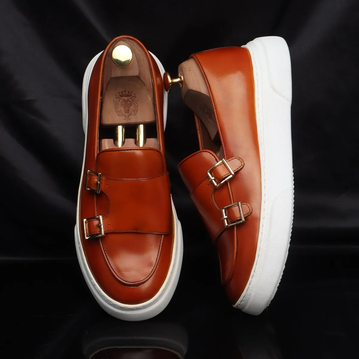 Tan Double Monk Apron Toe Leather Sneaker With White Sole By Brune & Bareskin