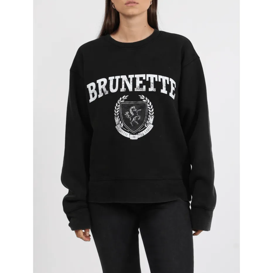 The BRUNETTE Distressed Varsity Step Sister Crew | Black Acid Wash