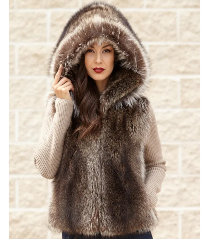 The Brynn Natural Raccoon Fur Vest with Collar for Women: FurHatWorld.com