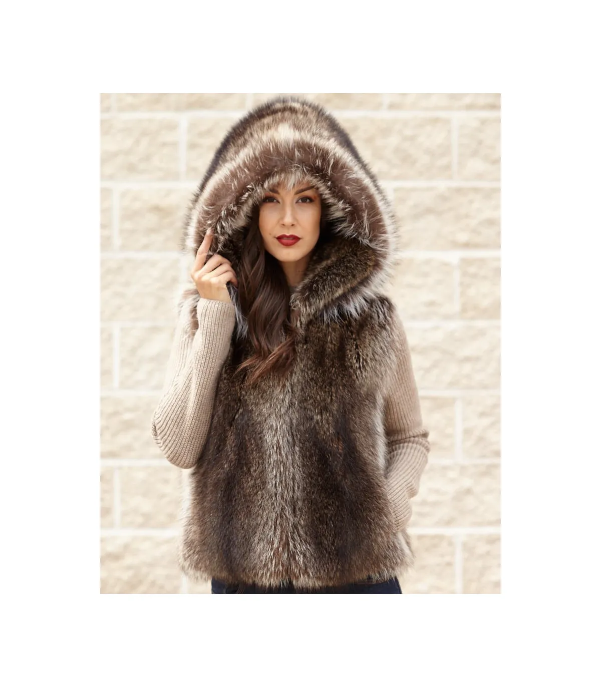 The Brynn Natural Raccoon Fur Vest with Collar for Women: FurHatWorld.com