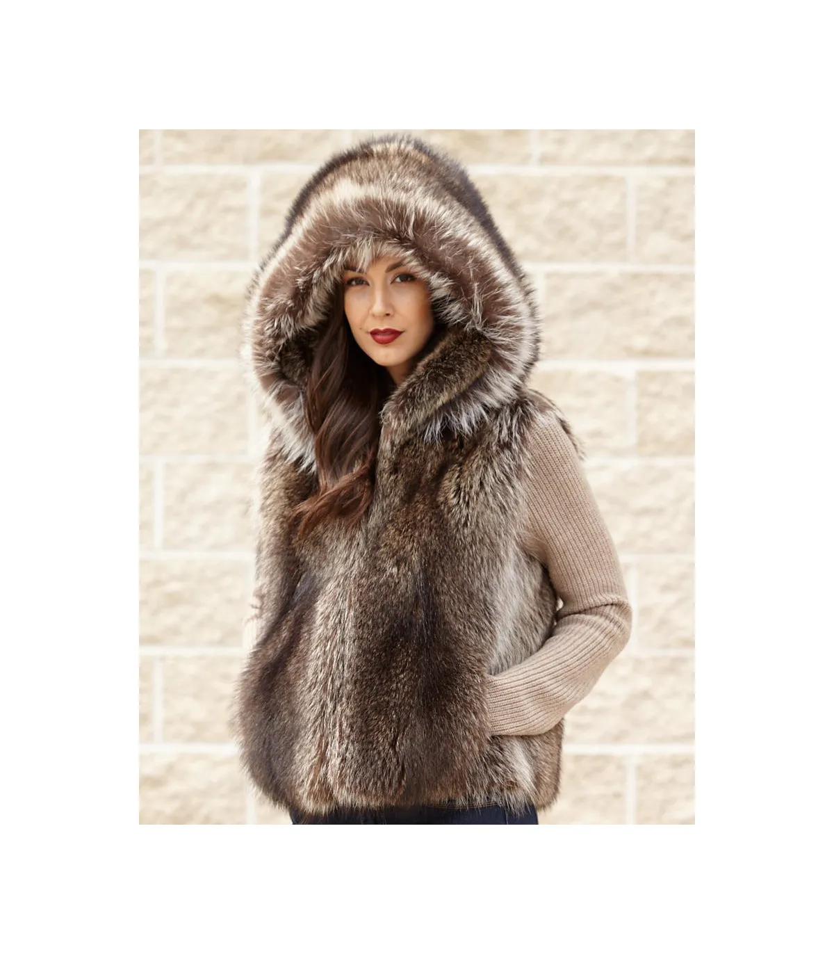 The Brynn Natural Raccoon Fur Vest with Collar for Women: FurHatWorld.com