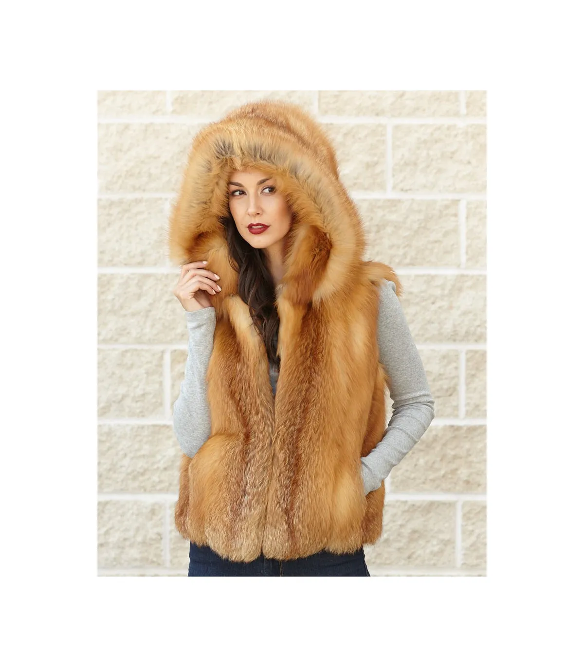 The Brynn Red Fox Fur Vest with Collar for Women: FurHatWorld.com