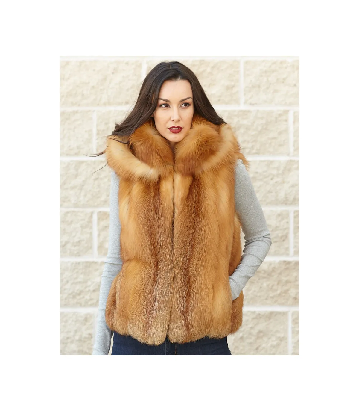 The Brynn Red Fox Fur Vest with Collar for Women: FurHatWorld.com