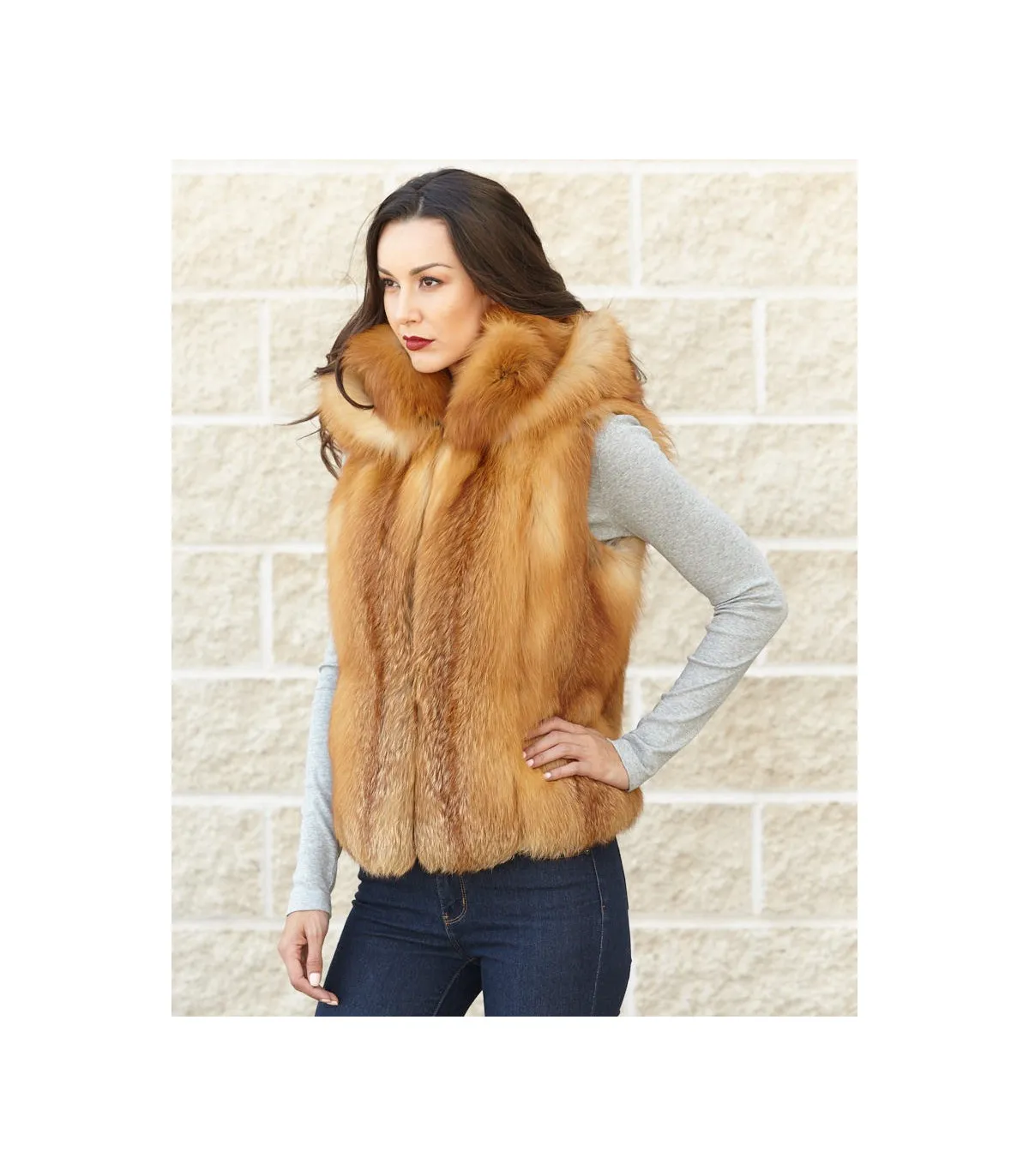 The Brynn Red Fox Fur Vest with Collar for Women: FurHatWorld.com