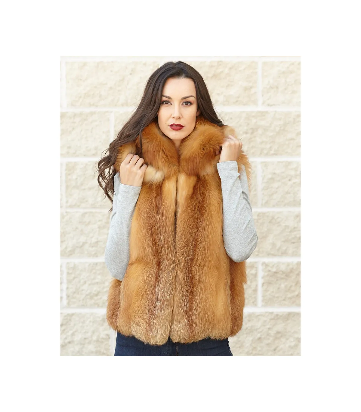 The Brynn Red Fox Fur Vest with Collar for Women: FurHatWorld.com