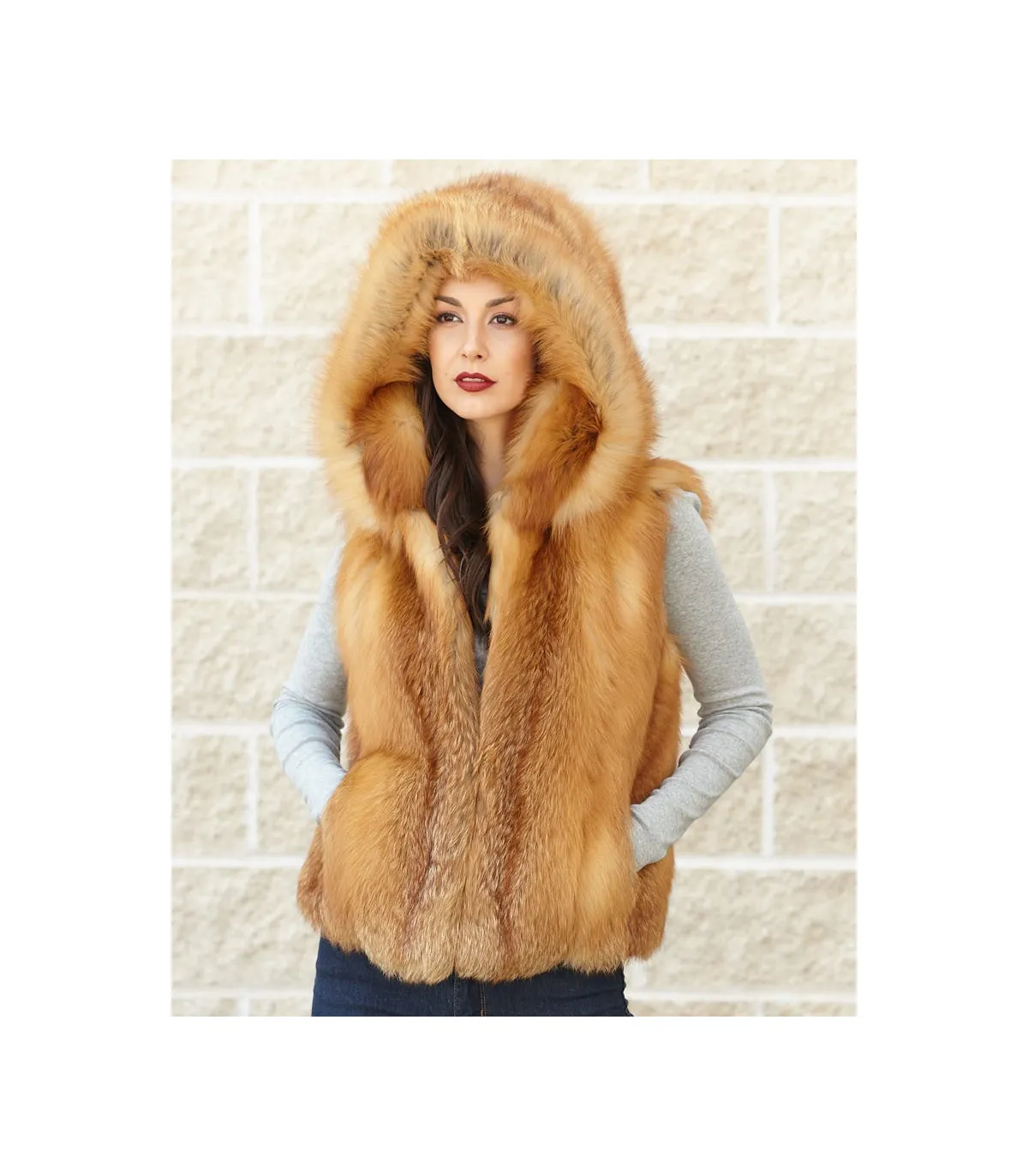 The Brynn Red Fox Fur Vest with Collar for Women: FurHatWorld.com