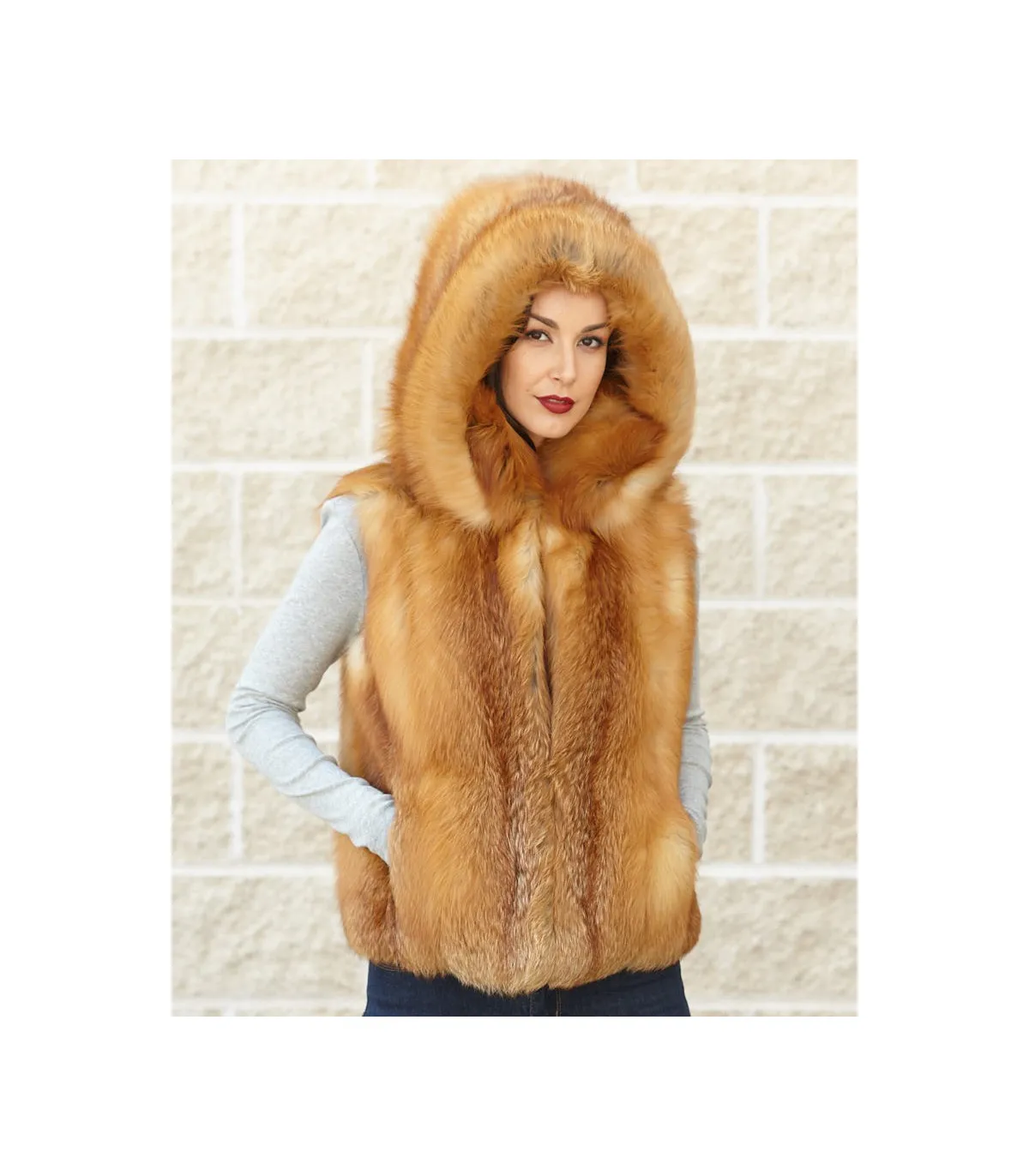 The Brynn Red Fox Fur Vest with Collar for Women: FurHatWorld.com