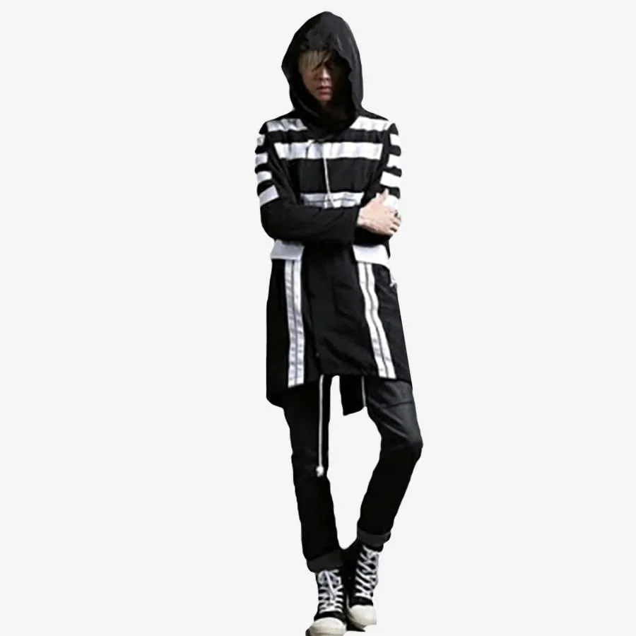 Trench Coat Men Hood Long Korean Steampunk Gothic Cloak Men Capes Patchwork Mens Hood Street Long Coat Vintage Windbreaker F86