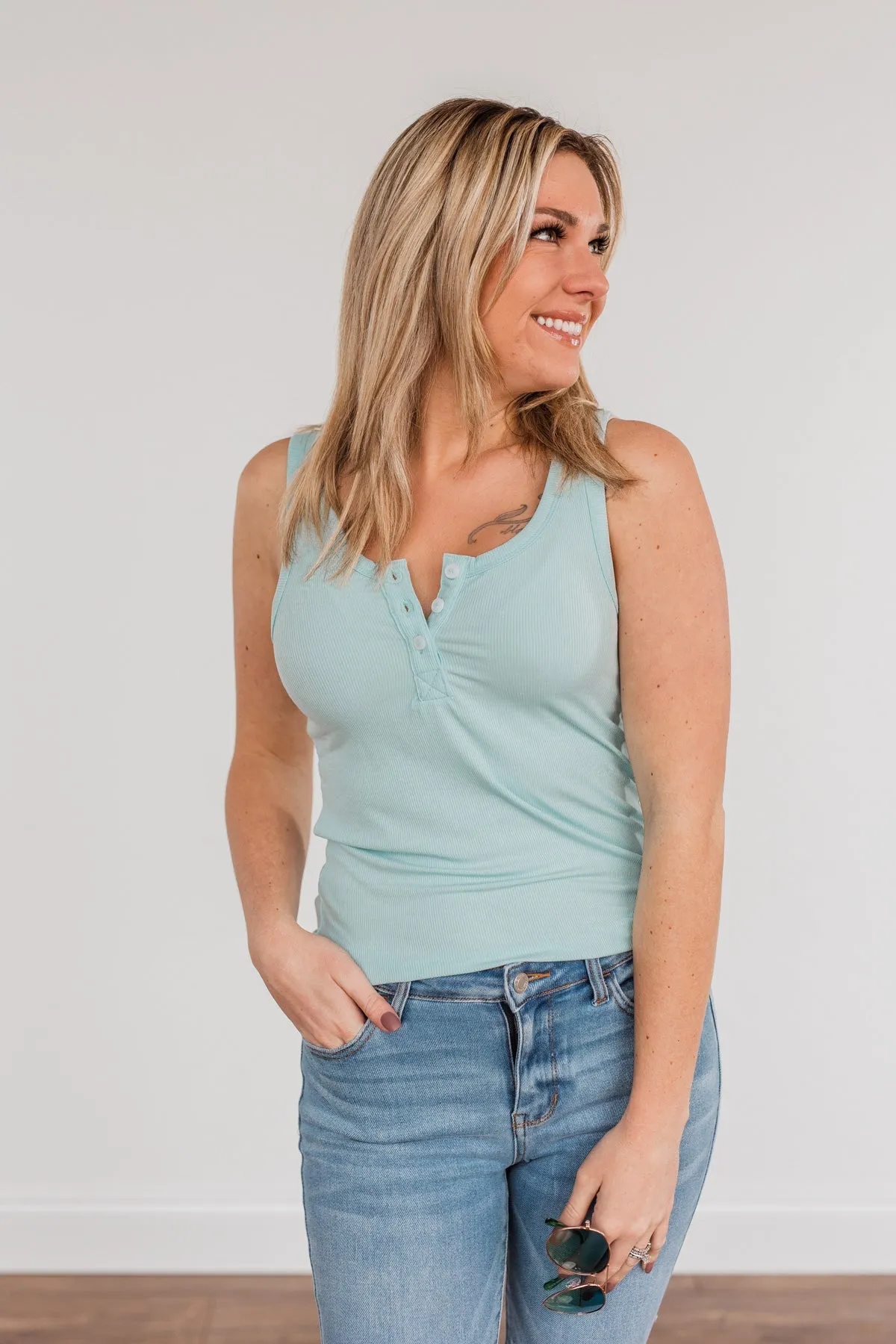 Uplifting Spirits Button Henley Tank Top- Sky Blue