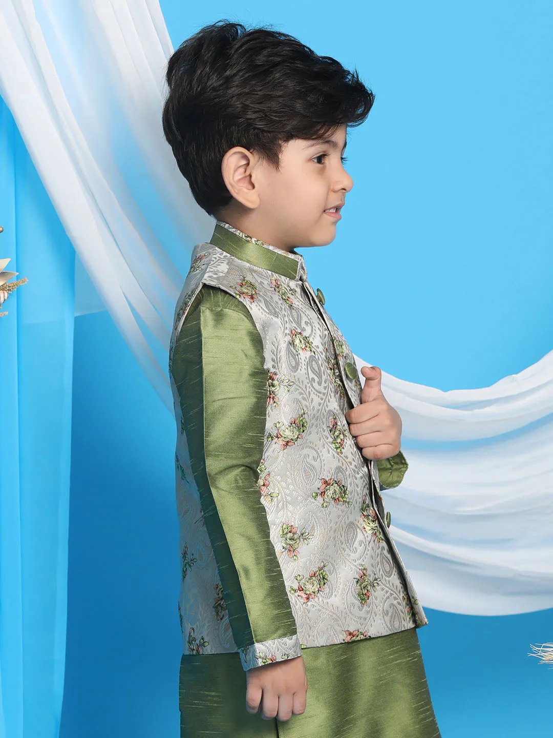 VASTRAMAY Boy's Grey & Green Printed Woven Nehru Jacket