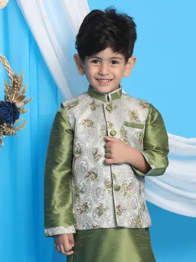 VASTRAMAY Boy's Grey & Green Printed Woven Nehru Jacket