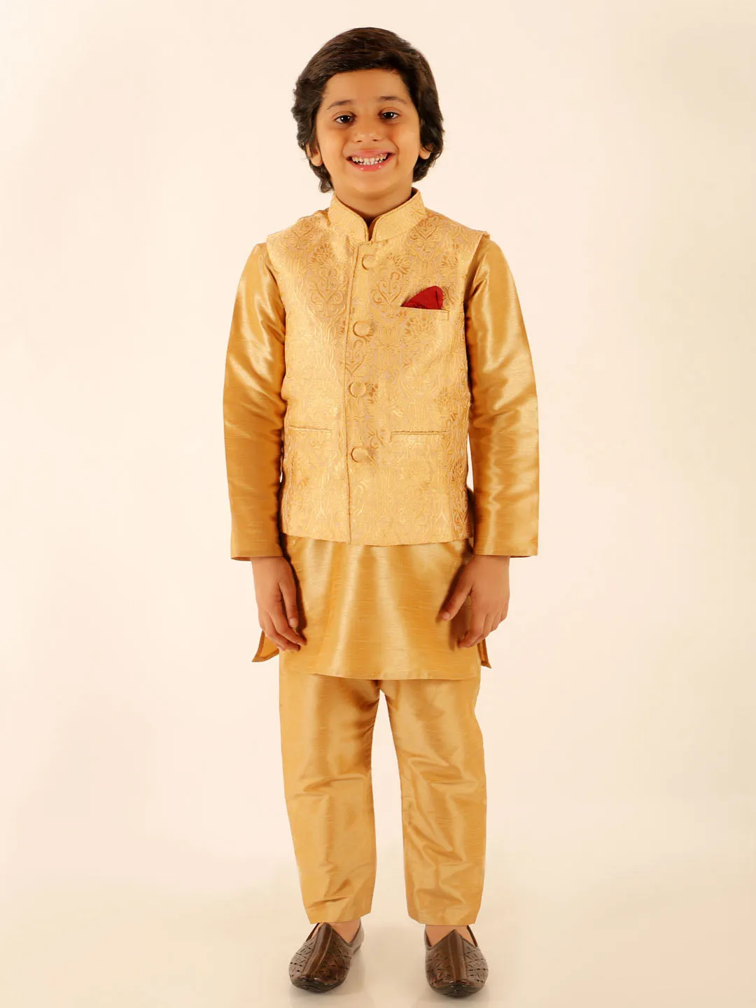 VASTRAMAY Boys Rose Gold Silk Blend Jacket With Kurta Pyjama Set