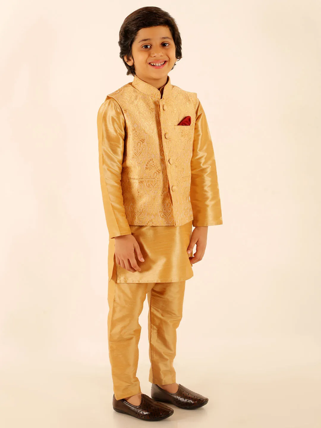 VASTRAMAY Boys Rose Gold Silk Blend Jacket With Kurta Pyjama Set