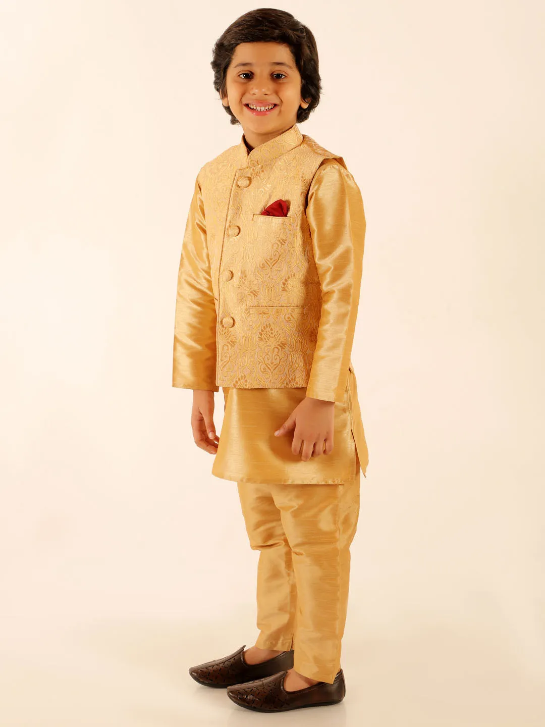 VASTRAMAY Boys Rose Gold Silk Blend Jacket With Kurta Pyjama Set