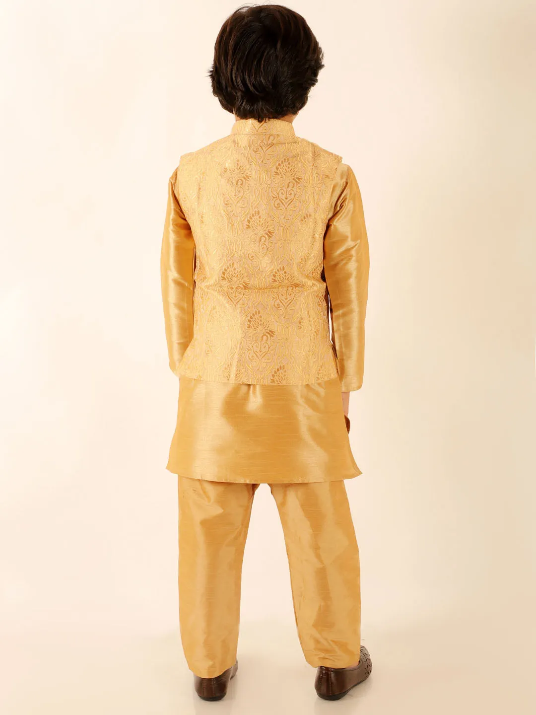 VASTRAMAY Boys Rose Gold Silk Blend Jacket With Kurta Pyjama Set