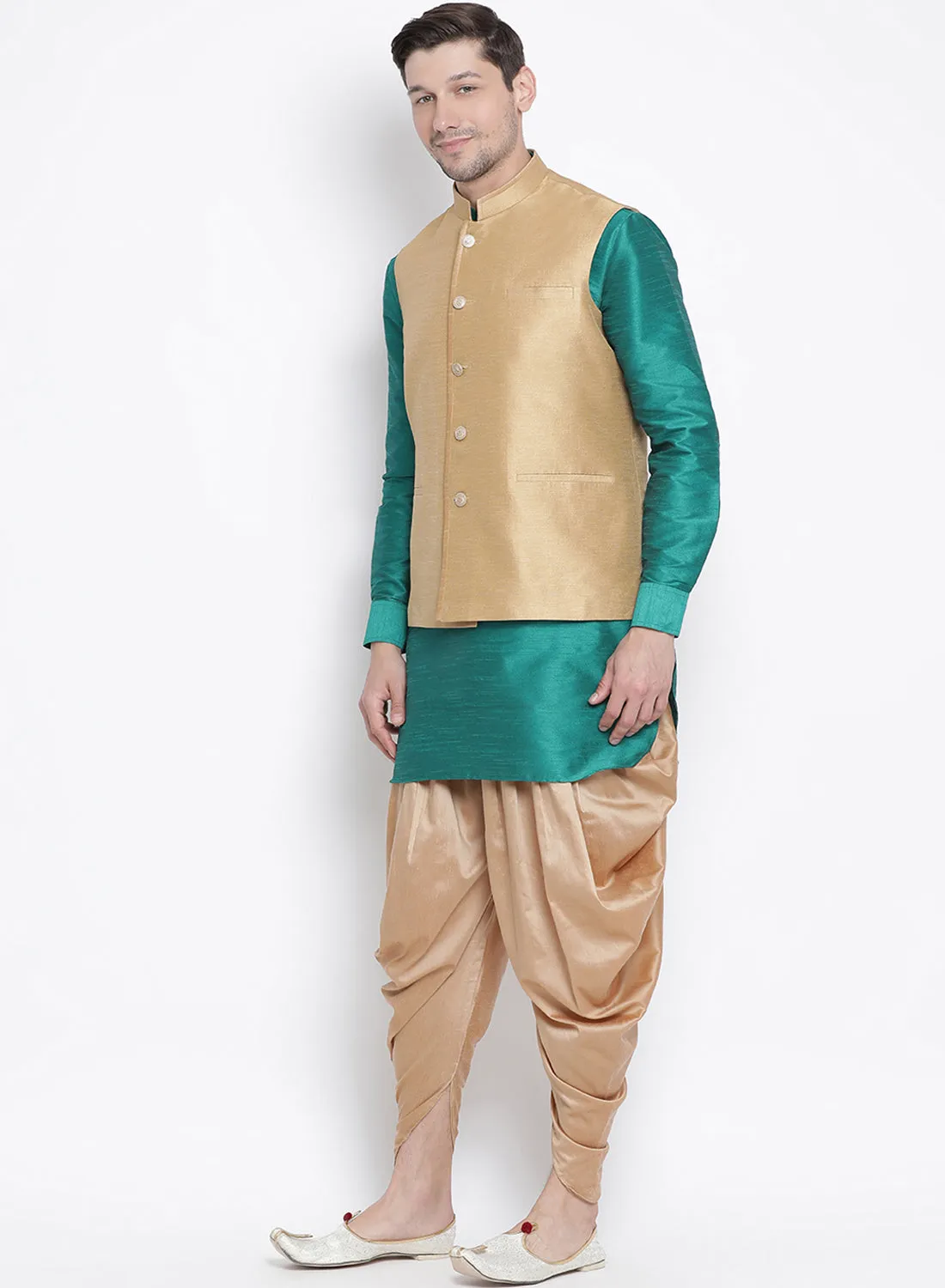 VASTRAMAY Men's Green Cotton Silk Blend Ethnic Jacket, Kurta and Dhoti Pant Set