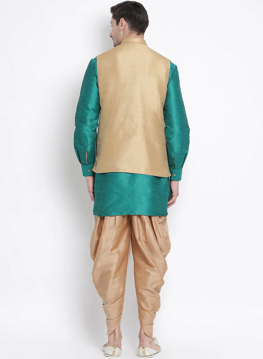 VASTRAMAY Men's Green Cotton Silk Blend Ethnic Jacket, Kurta and Dhoti Pant Set