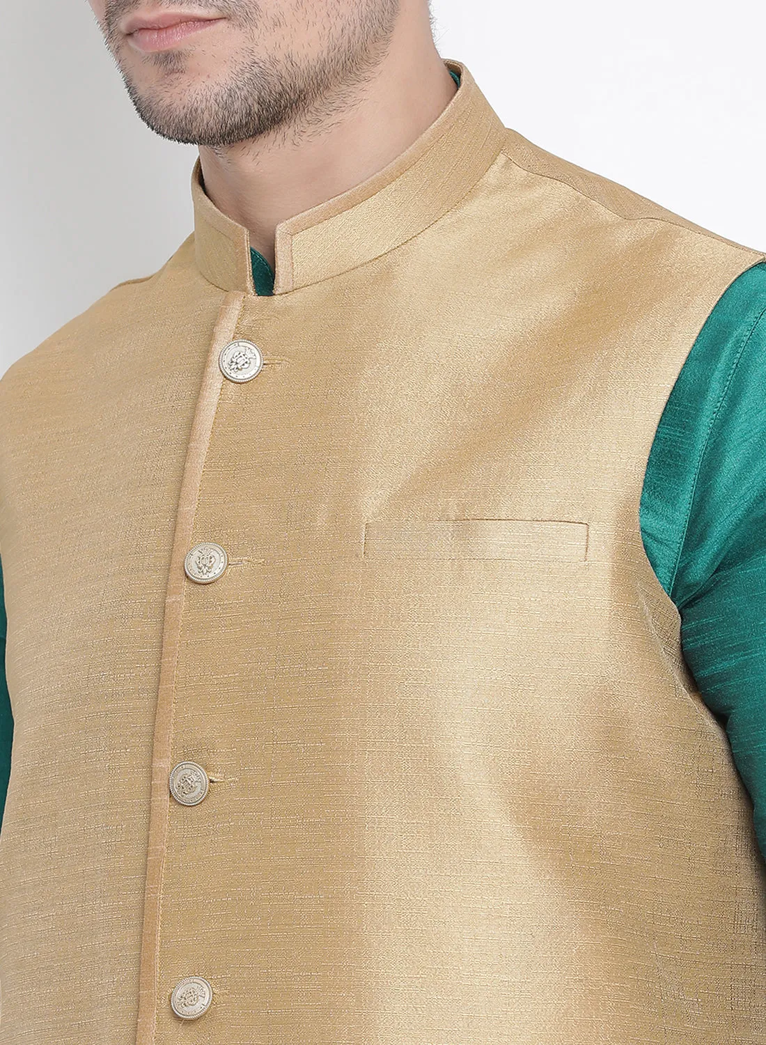 VASTRAMAY Men's Green Cotton Silk Blend Ethnic Jacket, Kurta and Dhoti Pant Set