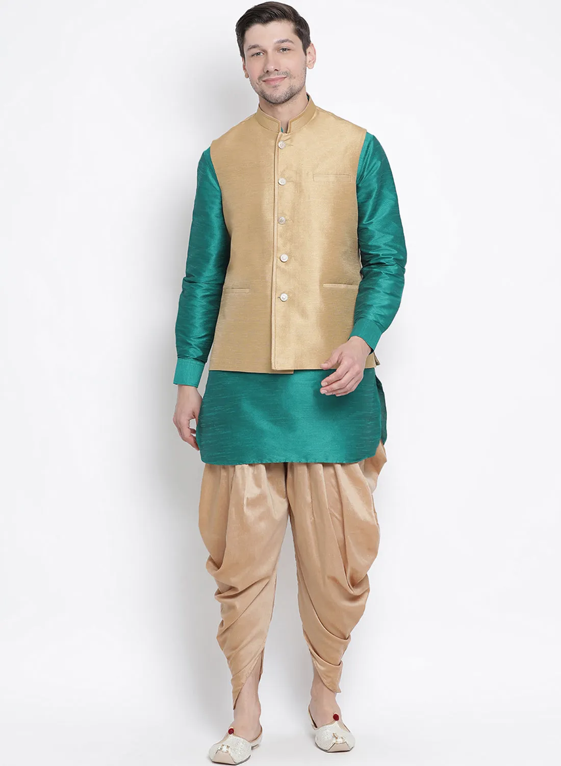 VASTRAMAY Men's Green Cotton Silk Blend Ethnic Jacket, Kurta and Dhoti Pant Set