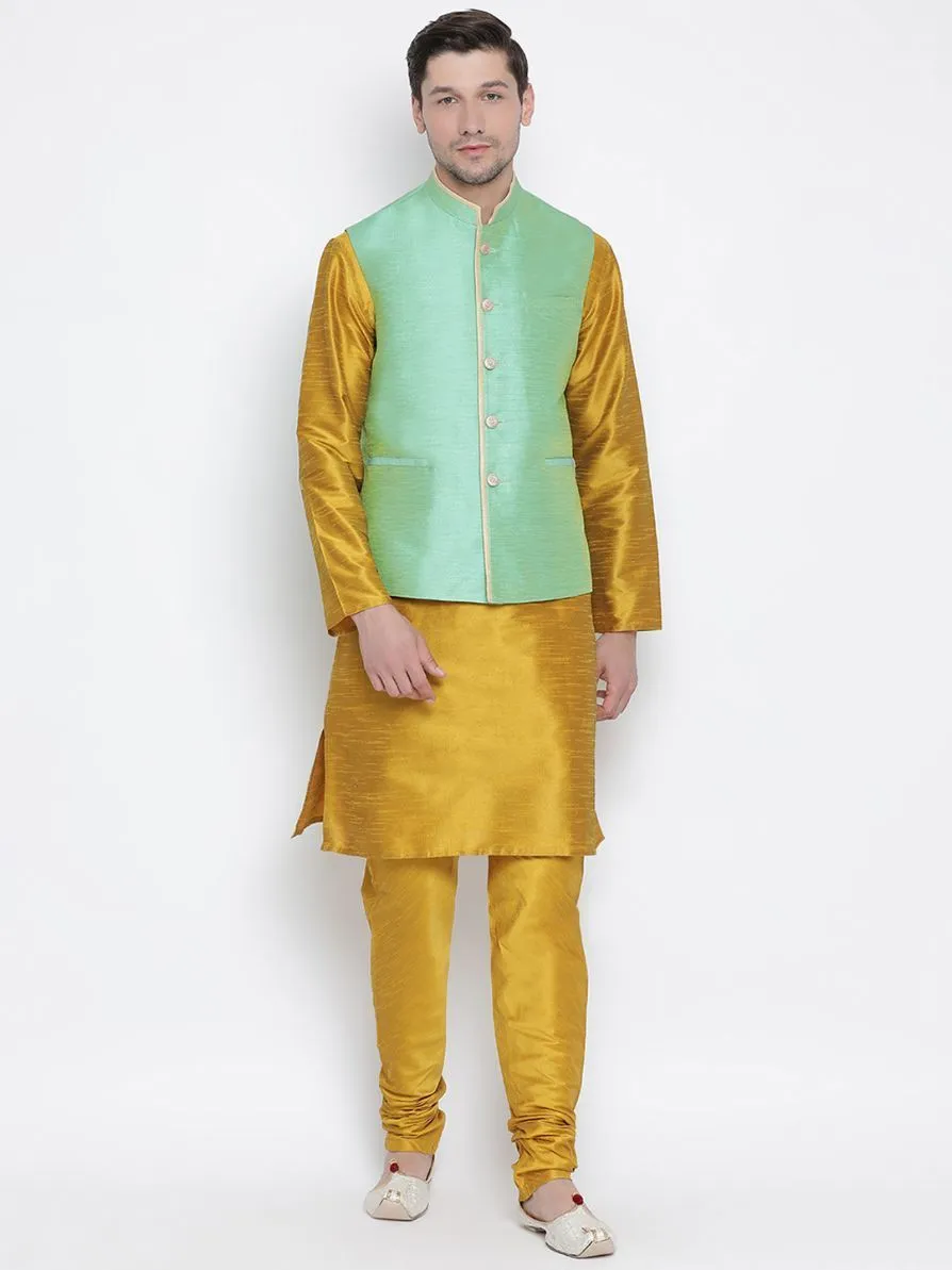 VASTRAMAY Men's Yellow Cotton Silk Blend Kurta, Nehru Jacket and Pyjama Set