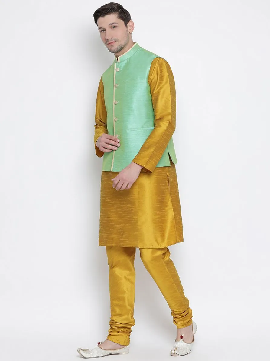 VASTRAMAY Men's Yellow Cotton Silk Blend Kurta, Nehru Jacket and Pyjama Set