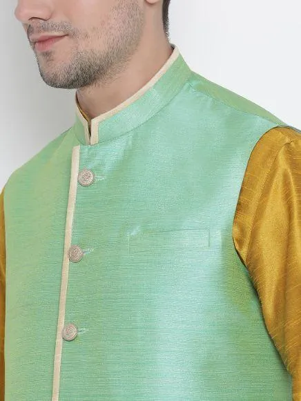 VASTRAMAY Men's Yellow Cotton Silk Blend Kurta, Nehru Jacket and Pyjama Set