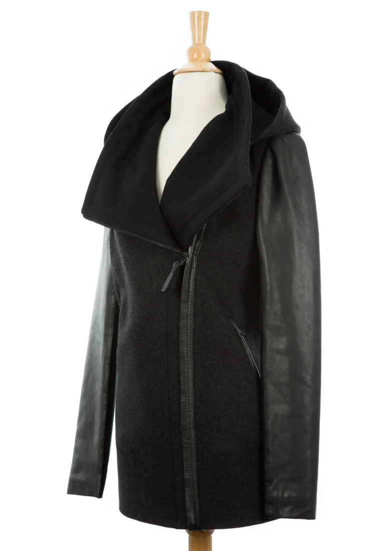 Vena Leather Sleeved Coat With Detachable Hood