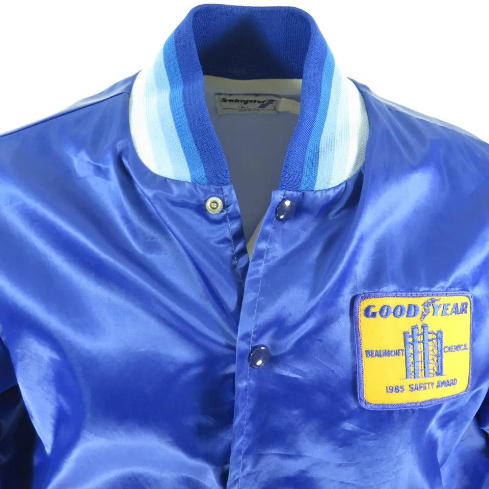 Vintage 80s Goodyear Jacket Mens L Safety Team Shiny Blue Satin Swingster USA