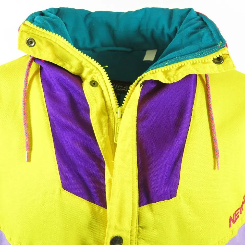 Vintage 80s Nevica Ski Jacket Mens 40 Puffy Hooded Patches Yellow Snowboard