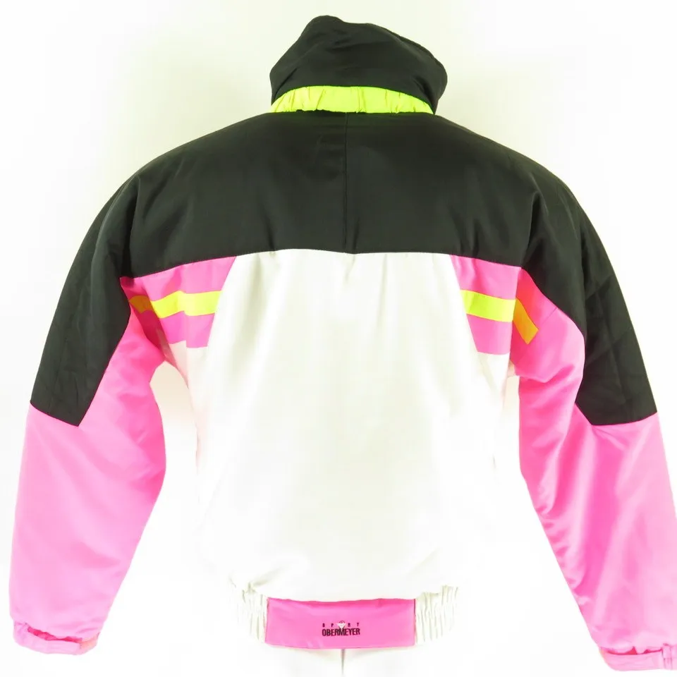 Vintage 80s Obermeyer Ski Jacket Mens M Puffy Retro Neon Yellow Pink Insulated