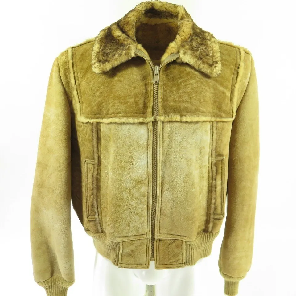 Vintage 80s Sheepskin Jacket Men 46 Shearling Zip Front Leather Fur Western Yoke