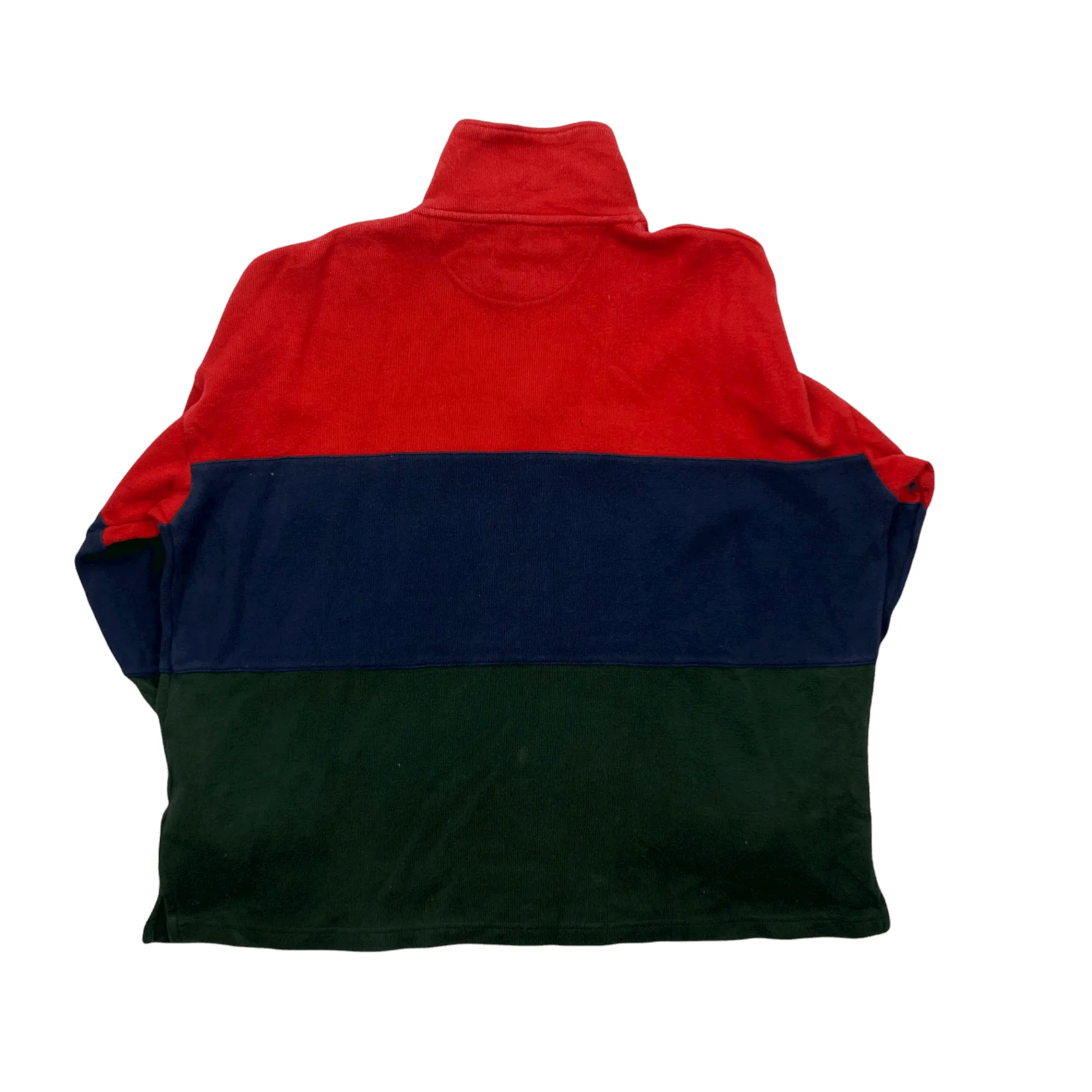 Vintage 90s Red, Navy Blue + Green Yves Saint Laurent Spell-Out Quarter Zip Sweatshirt - Medium