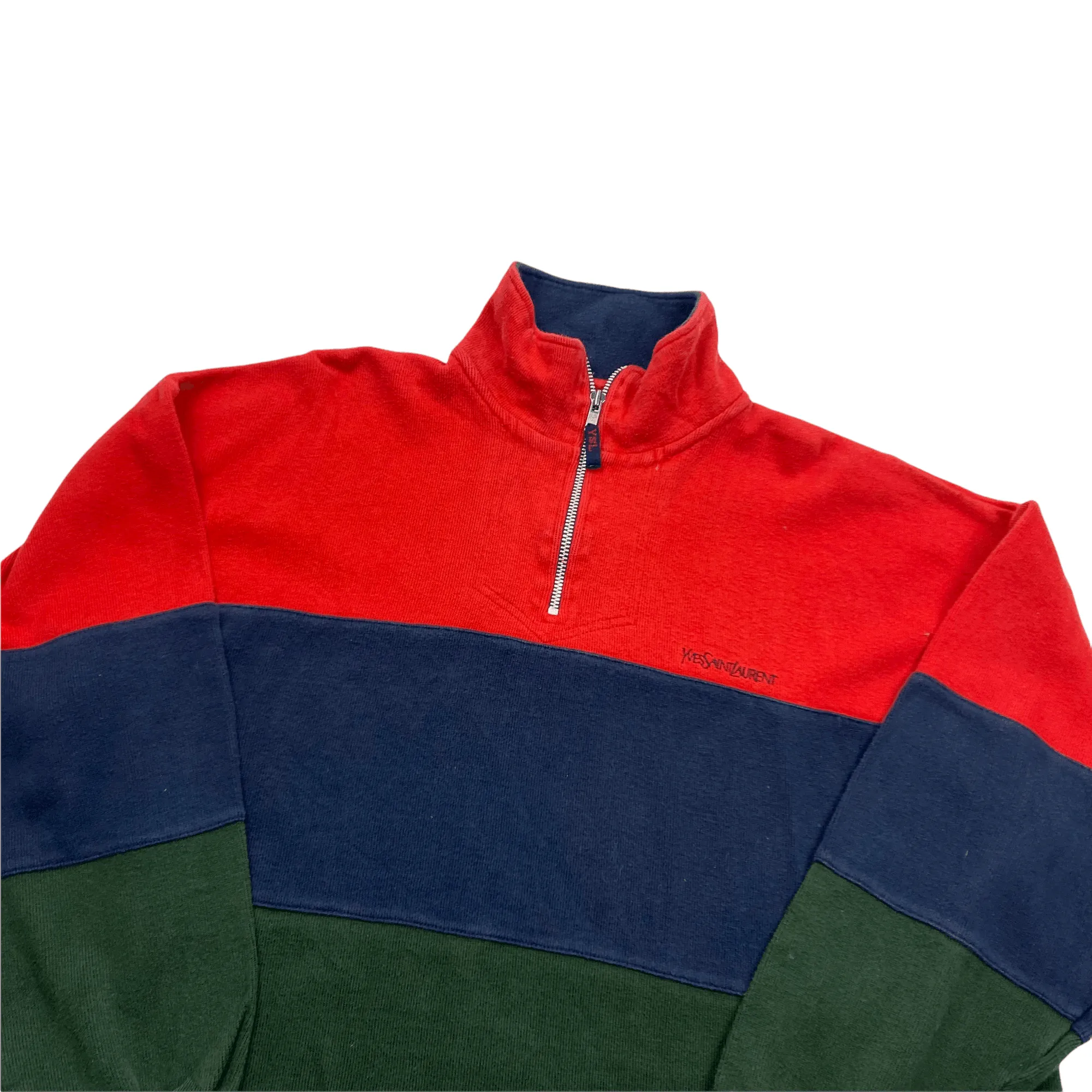 Vintage 90s Red, Navy Blue + Green Yves Saint Laurent Spell-Out Quarter Zip Sweatshirt - Medium