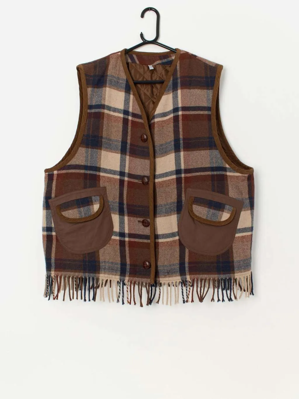 Vintage wool blend plaid fringed gilet – Medium