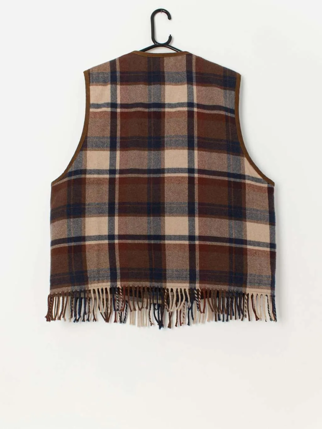 Vintage wool blend plaid fringed gilet – Medium