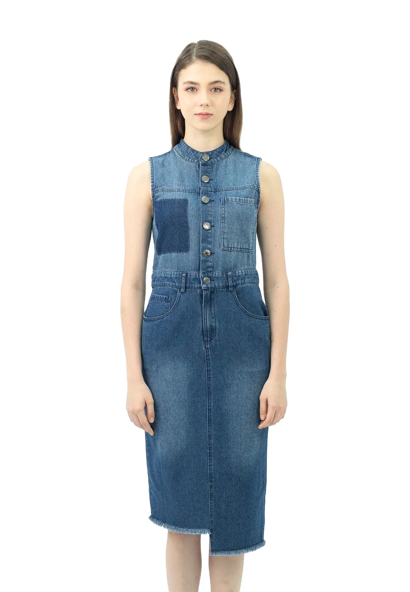 VOIR JEANS Button Front Sleeveless Denim Dress