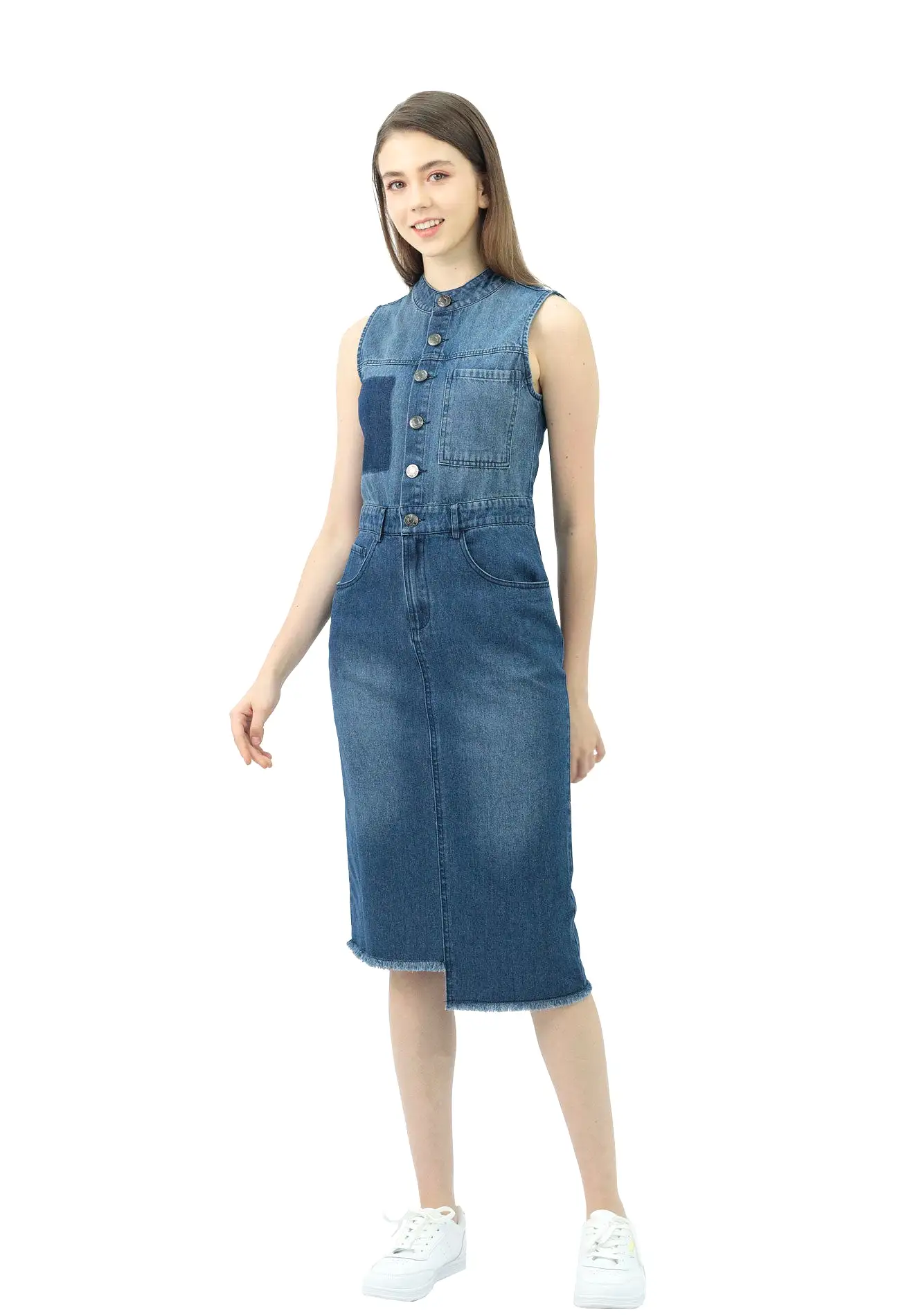 VOIR JEANS Button Front Sleeveless Denim Dress