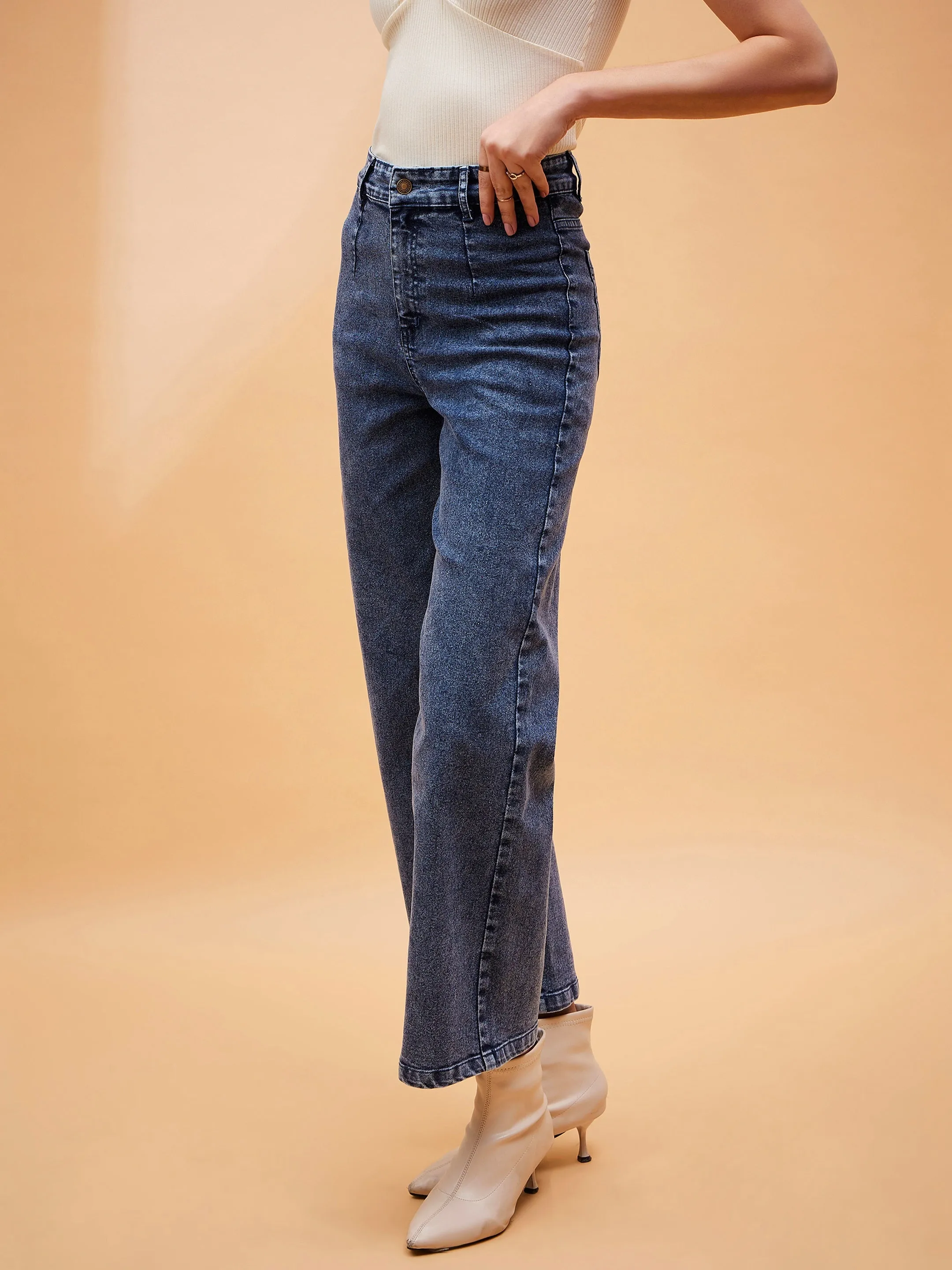 Women Blue High Waist Front Dart Jeans