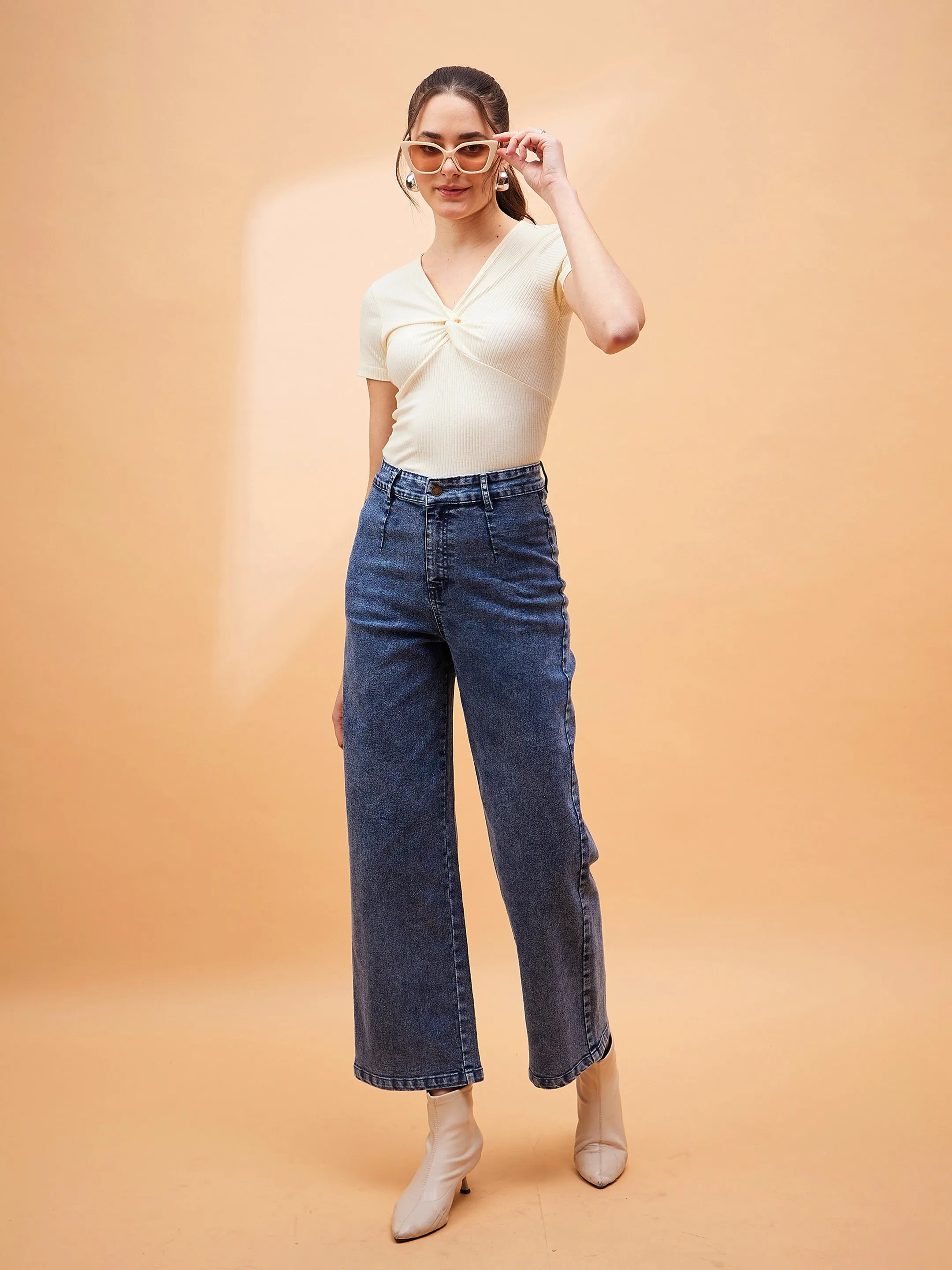 Women Blue High Waist Front Dart Jeans