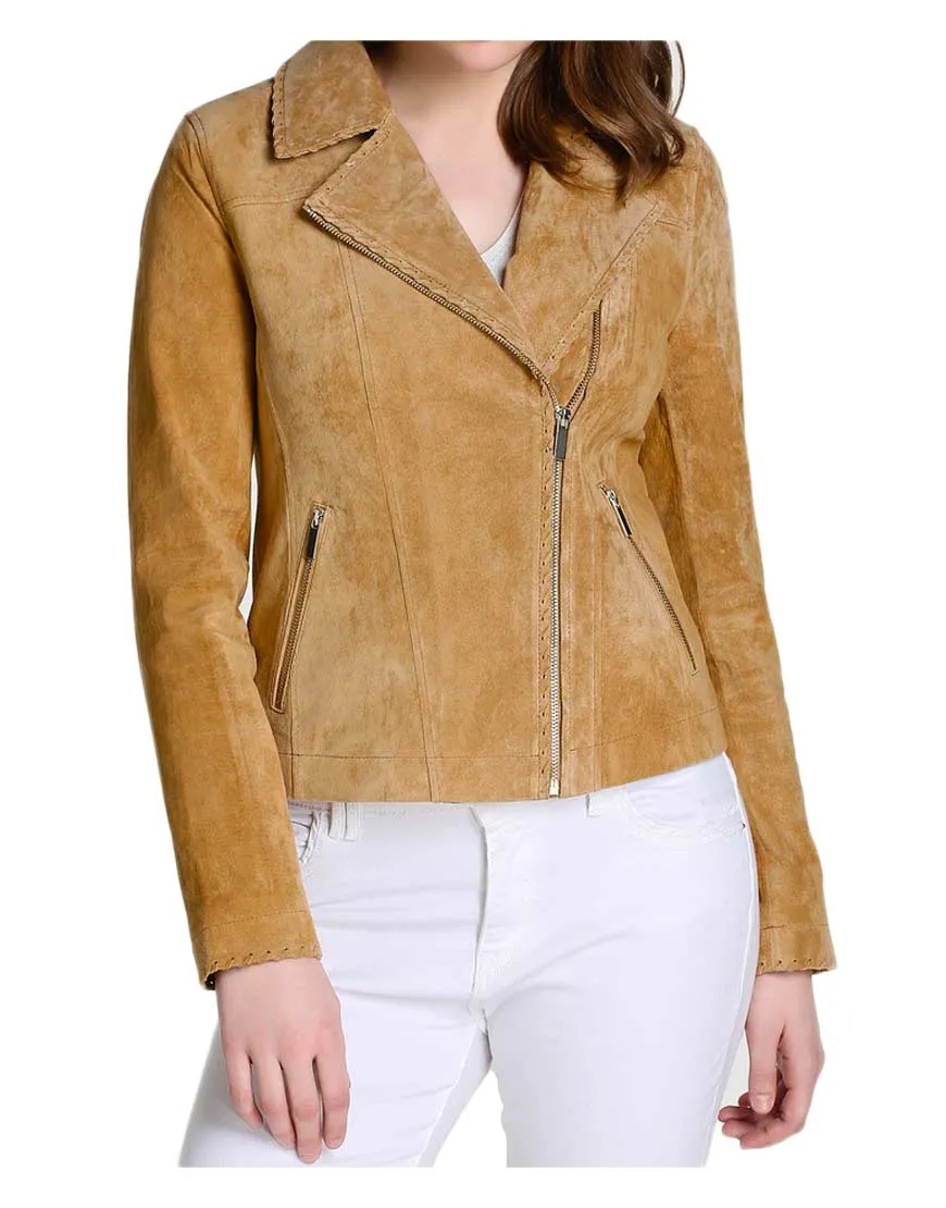 Women's Biker Camel Brown Suede Leather Jacket - UJackets